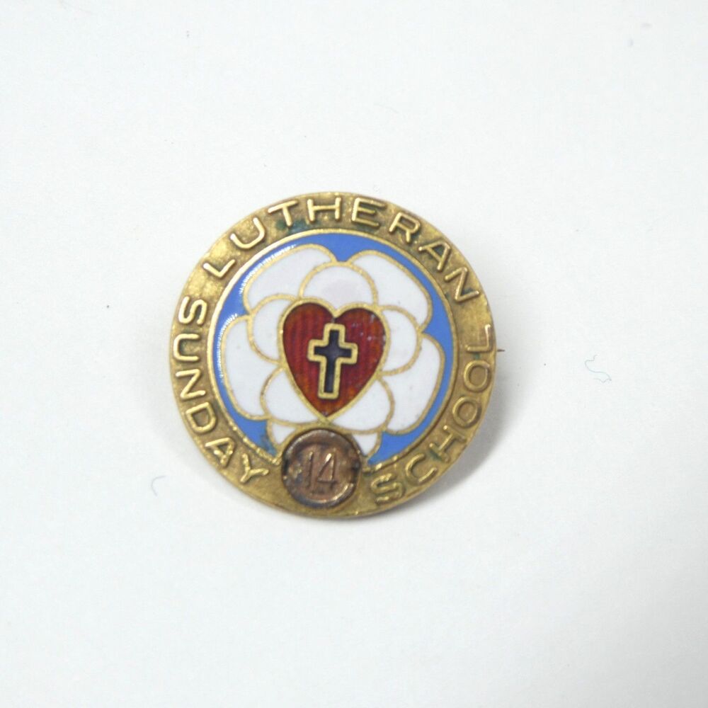 Lutheran Sunday School 14 Years Church Pin 1/10 10K Gold Filled Enamel Vintage